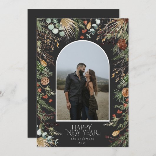 新年1フォトアーチ水彩植物フローラ シーズンカード (正面/裏面)