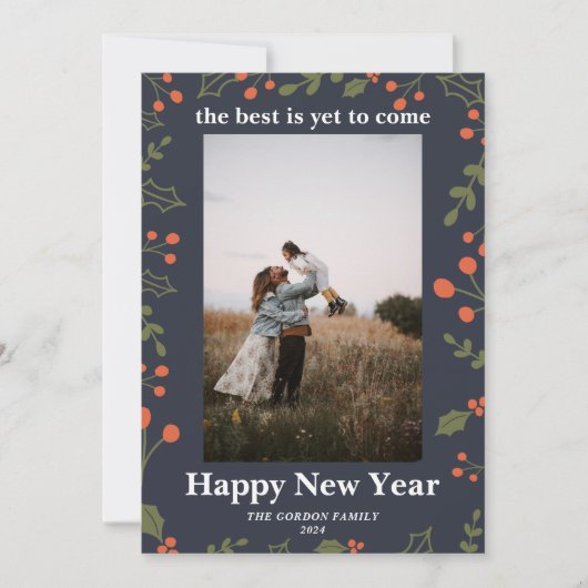 新年1フォトボタニカルホリデーホリーモダン シーズンカード (正面)