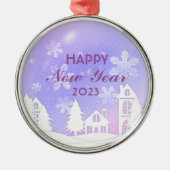 新年2023パープルホワイトハウススノー メタルオーナメント (正面)