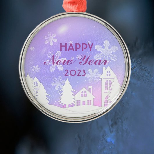 新年2023パープルホワイトハウススノー メタルオーナメント