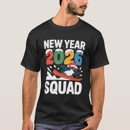 新年2026年 スクワッド 面白い 冬の雪のペンギン Tシャツ (正面)