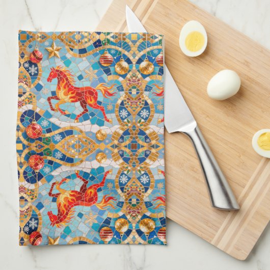 新年2026赤い火の馬クリスマスパターン キッチンタオル (四つ折り)