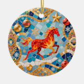 新年2026赤い火の馬クリスマスパターン セラミックオーナメント (正面)