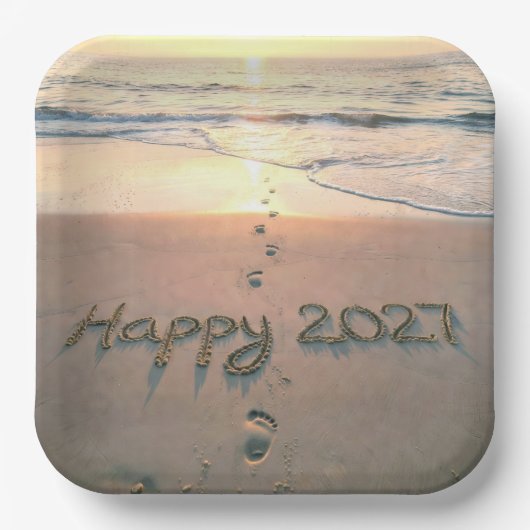 新年2027ビーチの足跡 ペーパープレート (正面)