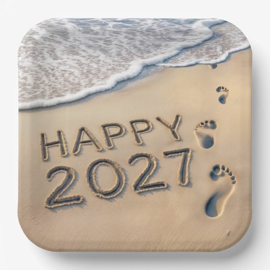新年2027 ビーチの足跡 ペーパープレート (正面)