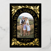 新年Arch Holly Berry Black 3フォトコラージュ 箔シーズンカード (正面)