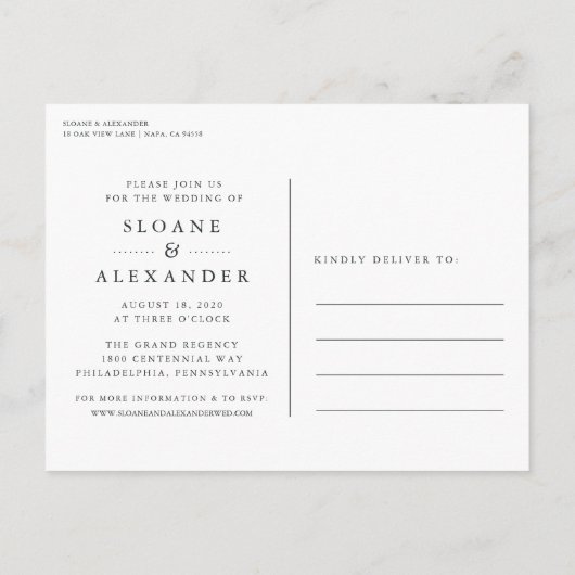 新救期の延期モダン結婚日 案内ポストカード (裏面)