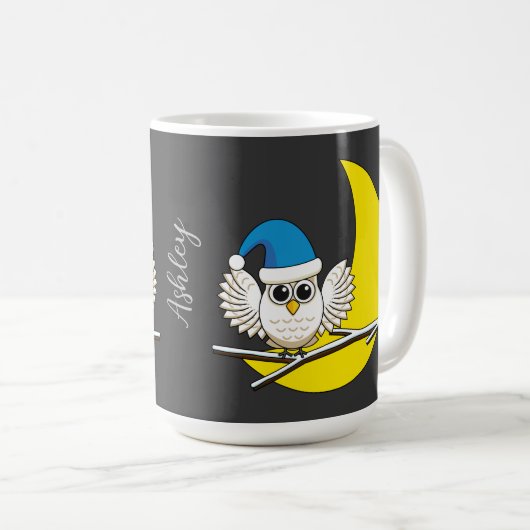 新月冬の夜に咲くフクロウ |名前の追加 コーヒーマグカップ (正面右)