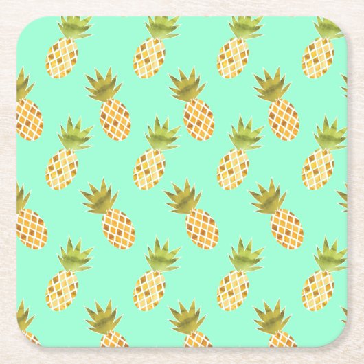新熱帯水色パイナップルパターン スクエアペーパーコースター (正面)