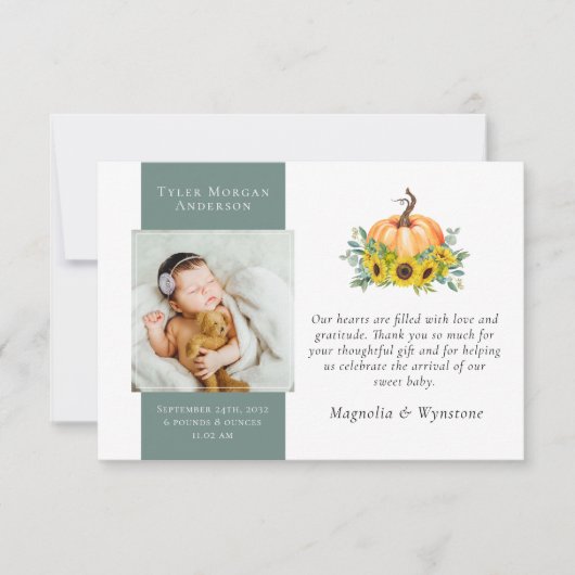 新生児ありがとう |カボチャひまわり秋 サンキューカード (正面)