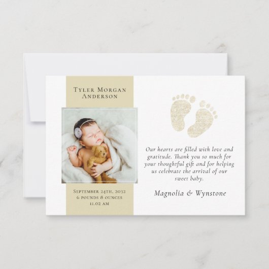 新生児ありがとう |フォト金ゴールドグリッター足 サンキューカード (正面)