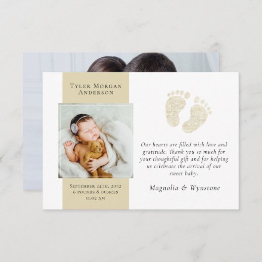 新生児ありがとう |フォト金ゴールドグリッター足 サンキューカード (正面/裏面)