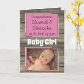 新生児おめでとう写真ラスティックピンク カード (黄色い花)