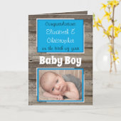 新生児おめでとう写真ラスティックブルー カード (黄色い花)