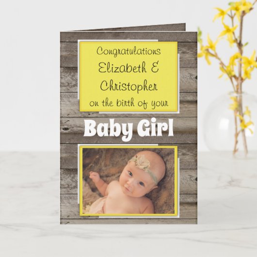 新生児おめでとう写真素朴な黄色 カード (黄色い花)