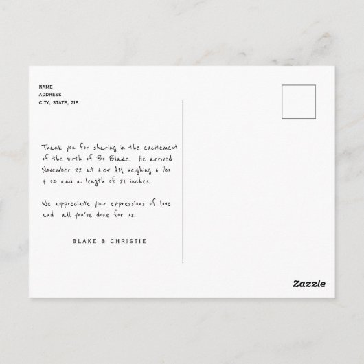 新生児かわいいフォントありがとう写真はがき ポストカード (裏面)