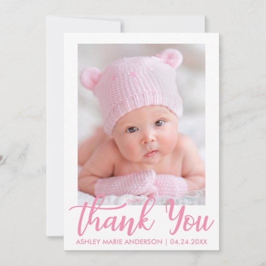 新生児のピンクの原稿ありがとう サンキューカード (正面)