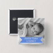 新生児の写真と名前ブルーボーイボタン 缶バッジ (正面&裏面)