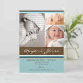 新生児の写真のトリオの誕生の発表(青い) 案内状 (スタンド正面)