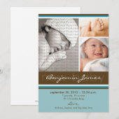 新生児の写真のトリオの誕生の発表(青い) 案内状 (正面/裏面)