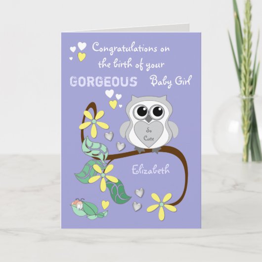 新生児の女の子のおめでとう紫かわいいフクロウ カード (正面)