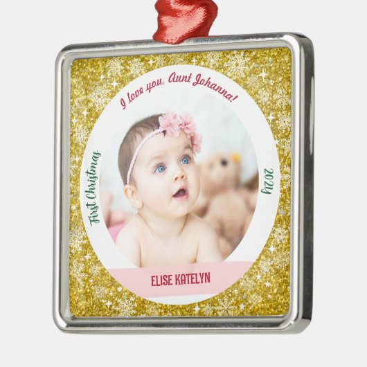 新生児の女の子の写真1stクリスマスとして叔母ゴールデン メタルオーナメント (左)