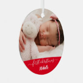 新生児の女の子の初めてのクリスマス赤い白い写真 メタルオーナメント (正面右)