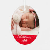 新生児の女の子の初めてのクリスマス赤い白い写真 メタルオーナメント (正面左)