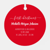 新生児の女の子の初めてのクリスマス赤い白い写真 メタルオーナメント (裏面)