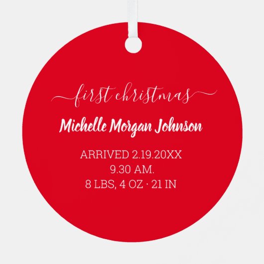 新生児の女の子の初めてのクリスマス赤い白い写真 メタルオーナメント (裏面)