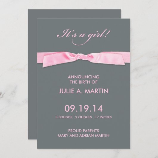 新生児の女の子の平らな発表カード 案内状 (正面/裏面)