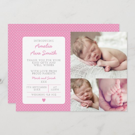 新生児の女の子の発表かサンキューカード サンキューカード (正面/裏面)