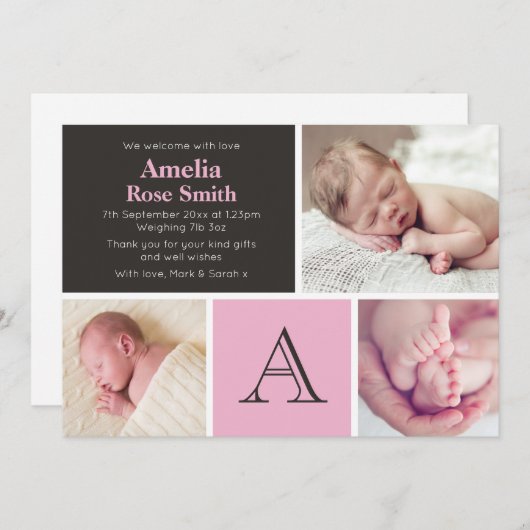 新生児の女の子の発表かサンキューカード 案内状 (正面/裏面)