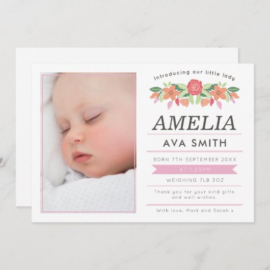 新生児の女の子の発表かサンキューカード 案内状 (正面/裏面)