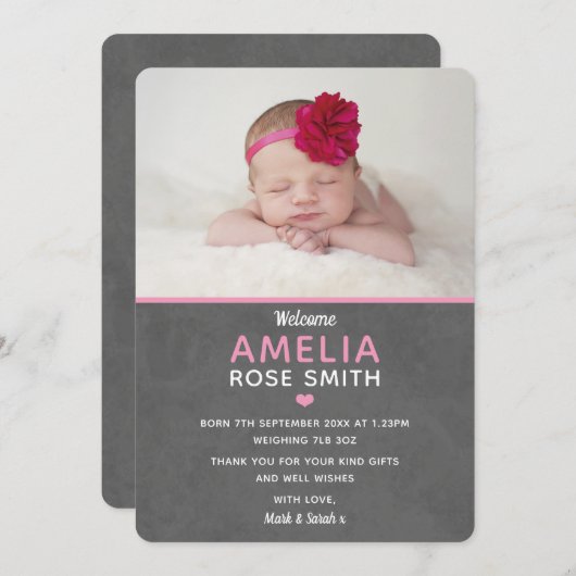 新生児の女の子の発表とサンキューカード 案内状 (正面/裏面)