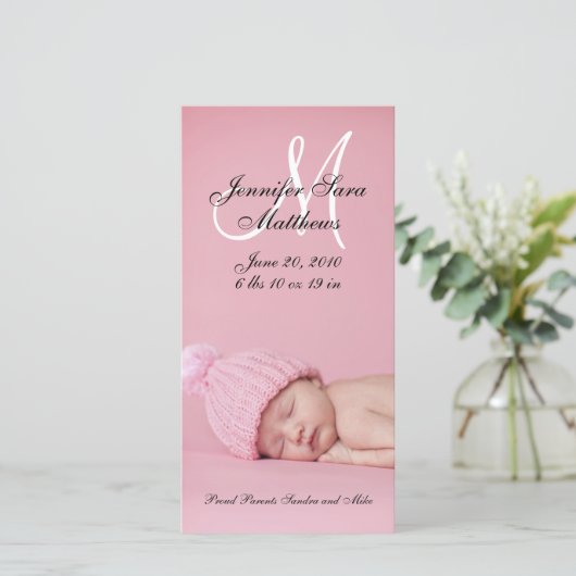 新生児の女の子の誕生発表の写真カード 案内状 (スタンド正面)