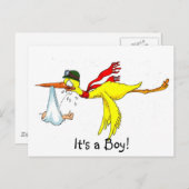 新生児の少年がコウノトリにピュー! 案内ポストカード (正面/裏面)