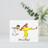 新生児の少年がコウノトリにピュー! 案内ポストカード (スタンド正面)