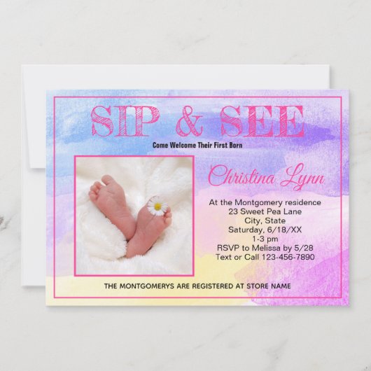 新生児の水色ピンクのsipと見るカスタムの写真 招待状 (正面)