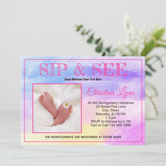 新生児の水色ピンクのsipと見るカスタムの写真 招待状 (スタンド正面)