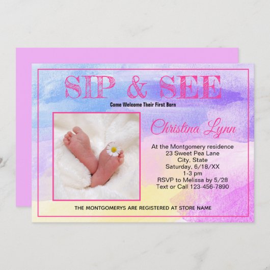 新生児の水色ピンクのsipと見るカスタムの写真 招待状 (正面/裏面)
