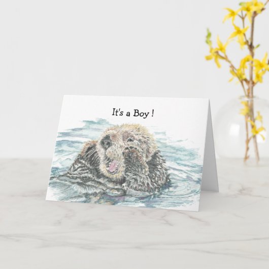 新生児の男の子のおめでとうのユーモアのかわいい興奮するカワウソ カード (黄色い花)