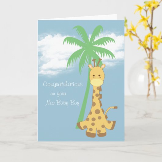 新生児の男の子のお祝いの淡いブルーのキリン カード (黄色い花)