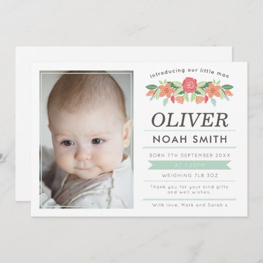 新生児の男の子の発表かサンキューカード サンキューカード (正面/裏面)