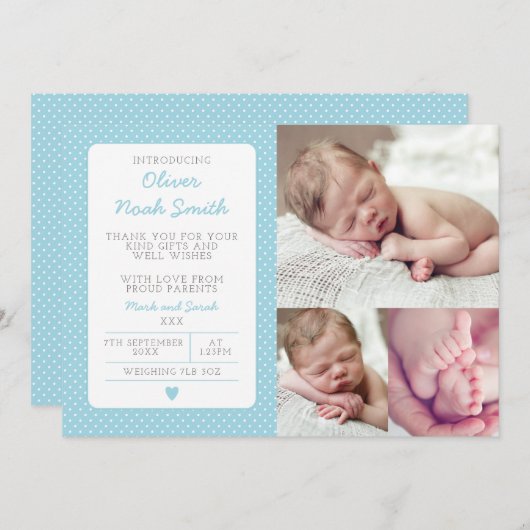 新生児の男の子の発表かサンキューカード サンキューカード (正面/裏面)