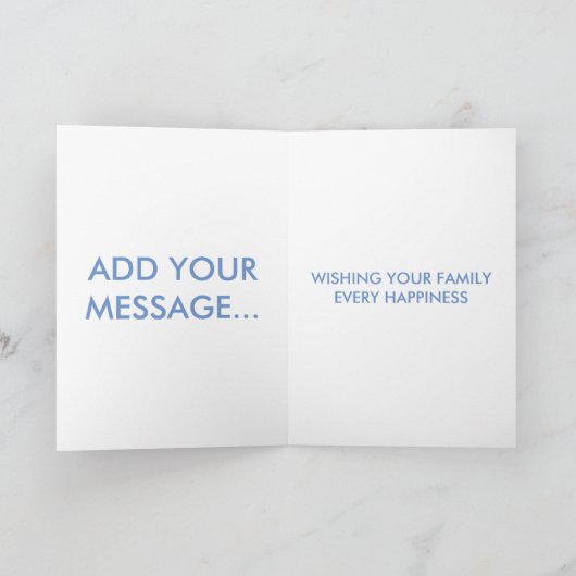 新生児の男の子の青の手押車のお祝い カード (内部)