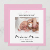 新生児の詩の誕生の発表のピンク 案内状 (正面/裏面)