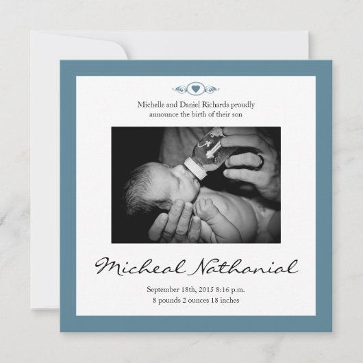 新生児の誕生の発表の男の子の青 案内状 (正面)