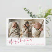新生児の誕生を報告するクリスマスの赤い写真 シーズンカード (スタンド正面)