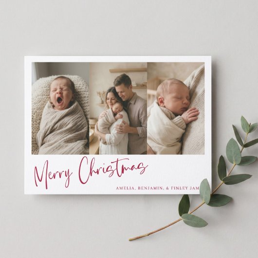 新生児の誕生を報告するクリスマスの赤い写真 シーズンカード
